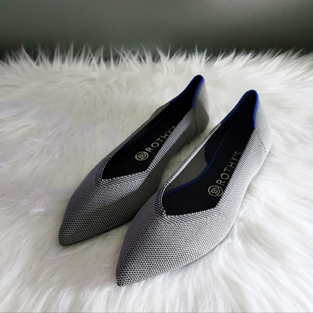 Rothy's Pointed Toe Flats in Gray with Blue Trim